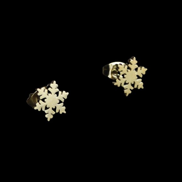 Mini Gold Snowflake Stud Earrings - 18k Gold Plated Surgical Stainless Steel - Picture 2 of 5
